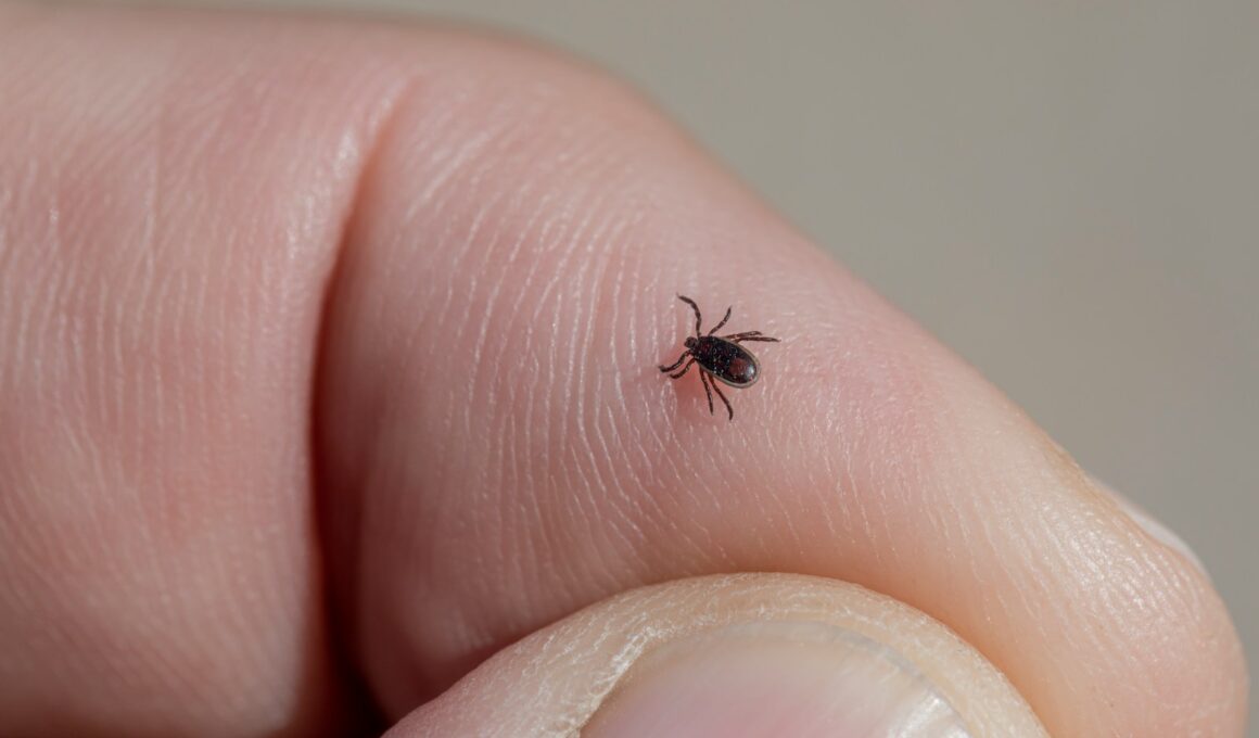 a small black insect sitting on top of a persons finger